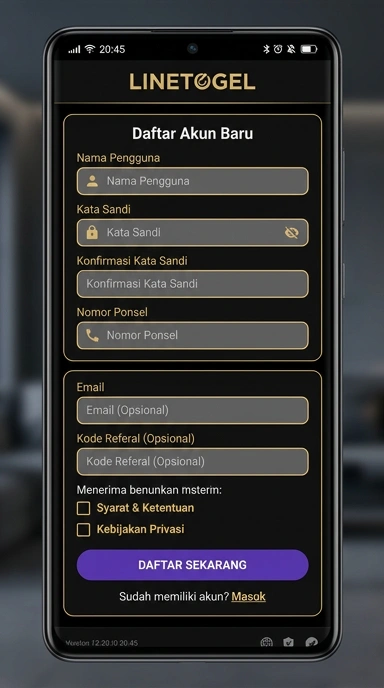 Tampilan halaman daftar linetogel